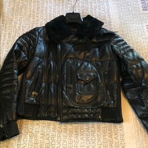 Black leather down filled biker jacket